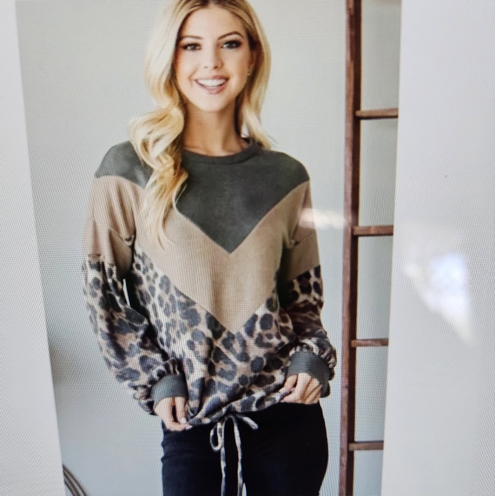 A Girl Thing Long Sleeve Chevron Leopard Top - Olive Green and Brown - Picture 2 of 7